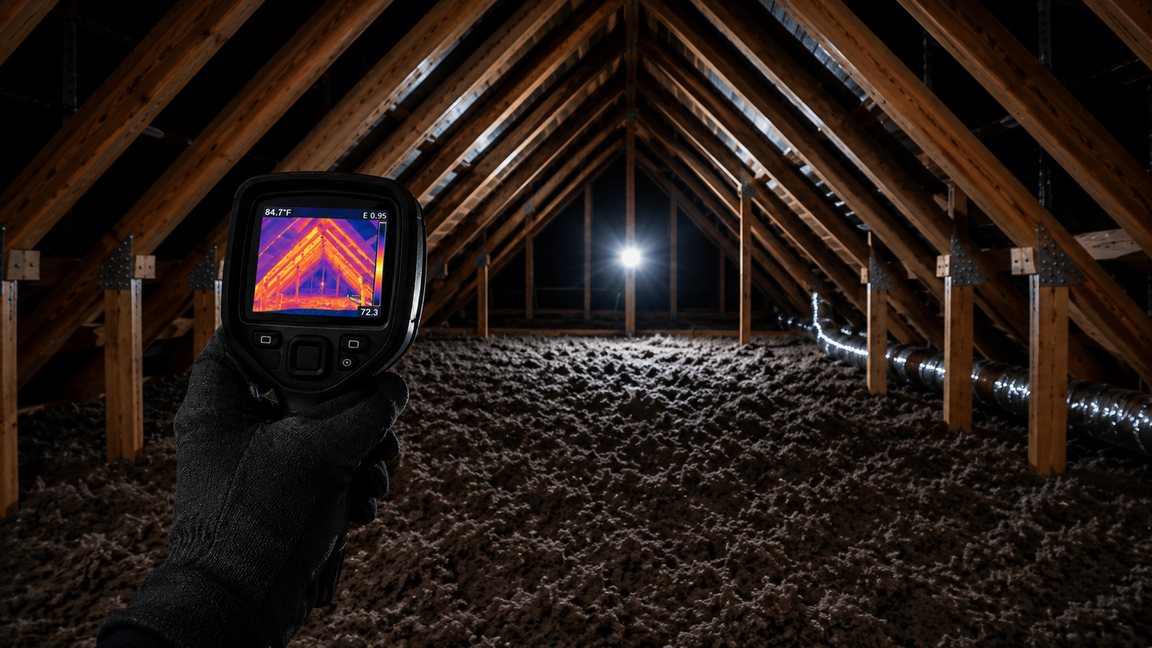 Infrared thermal camera scanning attic framing and insulation during a maintenance inspection