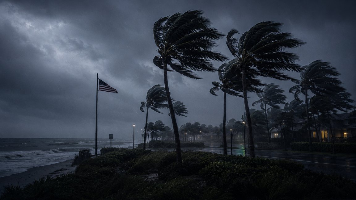 Coastal Northeast Florida street in tropical-storm winds &mdash; the exposure a wind mitigation inspection documents