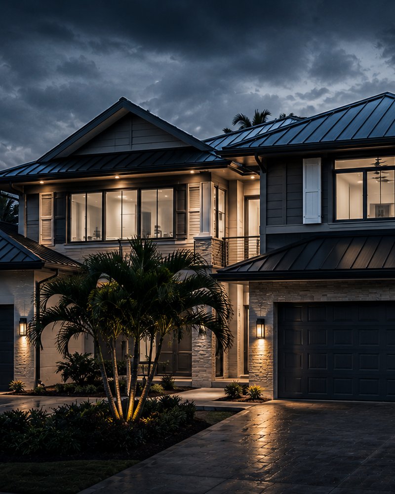 Two-story Northeast Florida home documented during a buyer’s inspection at dusk